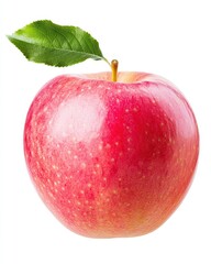 An Apple. Whole Red Apple Fruit with Leaf on White Background, Closeup Shot