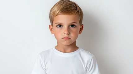 Caucasian boy staring with an intense gaze, feeling unimpressed, clean white background 