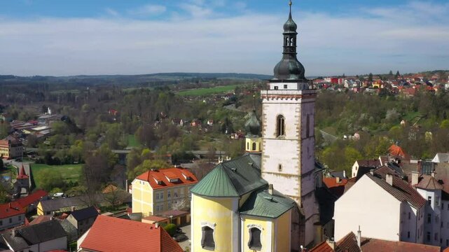 Aerial view to historic center of Stribro town. Medieval city from 12th century. It has about 8,100 inhabitants. Amazing tourist destination near Slavkovsky les. Czech Republic, Central Europe.