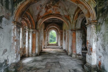 Ancient Church: Interior View of Desolate Abbey with Gothic Architecture