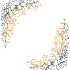 Intricate hand-drawn floral border design with golden botanical elements, detailed blooming flowers, swirling foliage, and vintage elegance for luxury cards, wedding stationery and decorative template