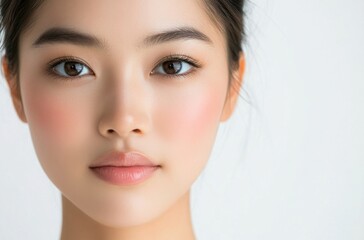 Fototapeta premium Detailed front-view close-up of a young Asian model, clean and glowing skin