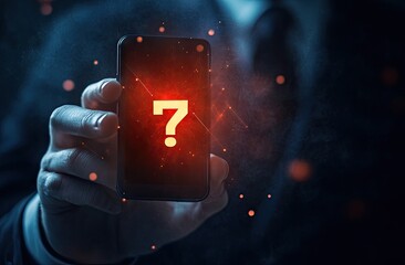 A person holds a smartphone with a large question mark