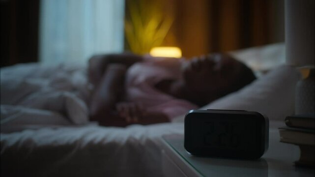 African American ethnic female girl woman lying in bed can't sleep uncomfortable suffering insomnia struggle sleeping napping nap dreaming nighttime clock alarm sleepless late night at home bedroom