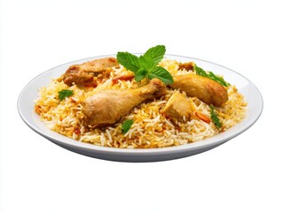 Chicken biryani garnished on plate isolated on white background