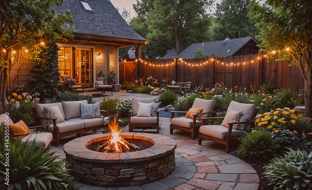 Poster backyard with a fire pit and a patio with several chairs and couches. the fire pit is surrounded by 