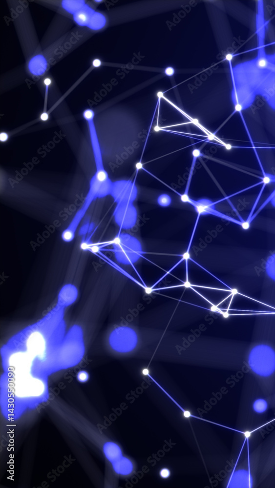 Poster abstract neural network pattern with glowing blue nodes and connecting lines on a dark background