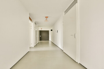 A modern and minimalist interior hallway featuring white walls and sleek doors, illuminated by a stylish pendant light, creating a clean, spacious ambiance.