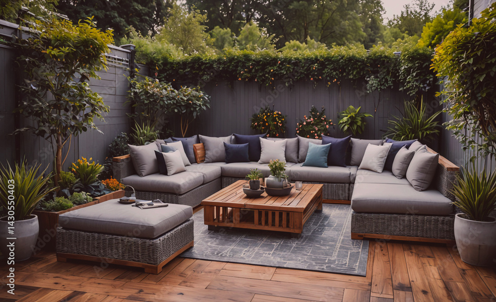 Poster large patio with a wooden table and chairs, and a large couch. the couch is covered in pillows and t
