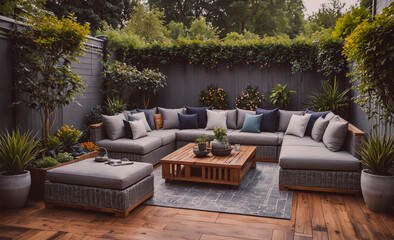 Large patio with a wooden table and chairs, and a large couch. The couch is covered in pillows and the table is covered in potted plants. Scene is cozy and inviting
