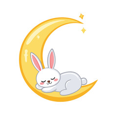 "Sleeping Rabbit on Crescent Moon Illustration"