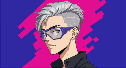 アニメ風の男性がゴーグルをかけていて、コピー スペースがあります