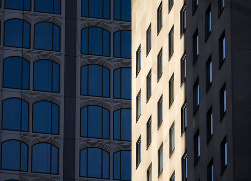 Contrasting facades of modern buildings in New York City