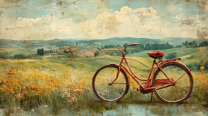 Fototapeta premium Vintage red bicycle against a scenic landscape with rolling hills and wildflowers.