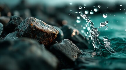 Fototapeta premium Flowing water splashing over dark rocks creating bubbles in a turquoise backdrop