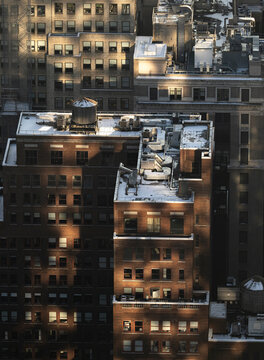 Top view of New York City buildings at golden hour