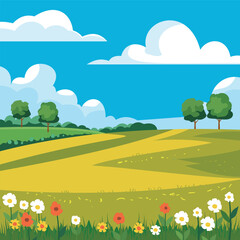 Fields and meadows, trees and clouds. Beautiful summer landscape. Vector illustration.