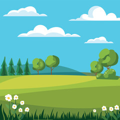Fields and meadows, trees and clouds. Beautiful summer landscape. Vector illustration.
