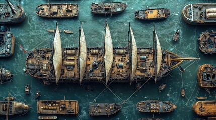 Naklejka premium Aerial View of a Grand Fleet: A Majestic Sailing Ship Surrounded by a Armada of Smaller Vessels