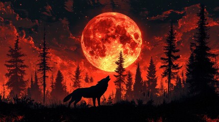 Fototapeta premium A silhouetted wolf howls under a vivid red full moon amidst dark forest trees.