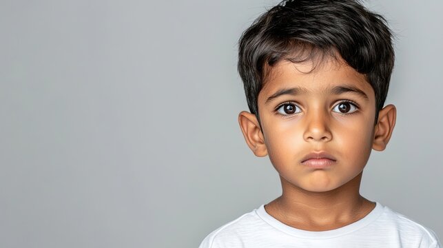 Little Indian boy with an innocent yet disappointed look, clean white space 
