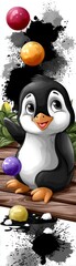 Playful penguin juggling colorful balls animated scene fun environment whimsical viewpoint cartoon concept
