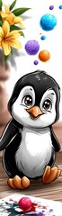 Playful penguin with colorful bubbles cute art scene indoor creative environment whimsical viewpoint