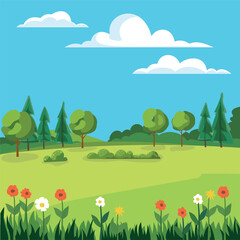 Fields and meadows, trees and clouds. Beautiful summer landscape. Vector illustration.
