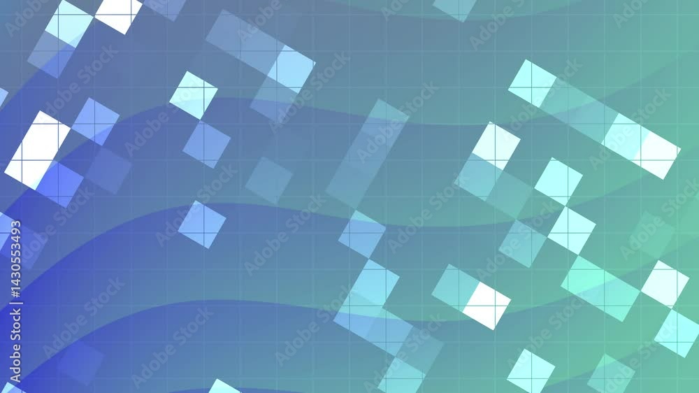 Poster abstract blue and green geometric background with soft waves and translucent squares