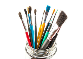 Fototapeta premium A Colorful Array of Brushes Resting in a Glass Jar Against a Clean White Background PNG