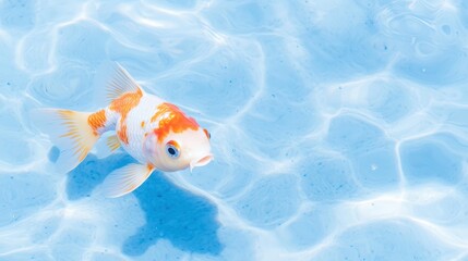 A single cultivation fish in a shallow pool, rippling water, vibrant lighting, text space on the right, clean and striking commercial design
