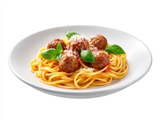 Spaghetti with meatballs and basil isolated on white background