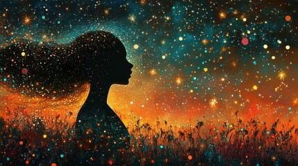 Fototapeta premium Silhouette of a woman with flowing hair against a vibrant starry night.