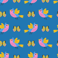 Flying Bird Butterfly Seamless Pattern. Colorful Cartoon Songbird Finch and Moth with wings on blue background. Whimsical Modern Childish vector illustration