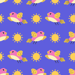 Flying Bird Sun Seamless Pattern. Colorful Songbird Sky Flight with open wings. Modern Bright Wildlife Animal Background. Flat vector illustration