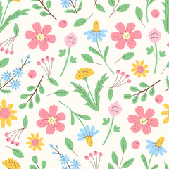 Meadow Wildflowers and Leaves Seamless Pattern. Herbal Botanical Background with Dandelion, Clover, Chamomile, Chicory. Pastel colored repeat vector illustration