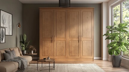 Modern Oak Wardrobe in Stylish Living Room Interior