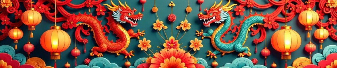 Obraz premium Bright and colorful chinese paper-cut style pattern with dragons and lanterns, dragons, culture, seamless