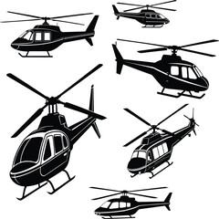 Collection of black and white helicopter silhouettes, various angles and designs of rotorcraft in vector illustration style