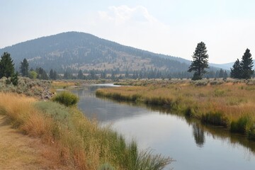 Serene river valley with hills