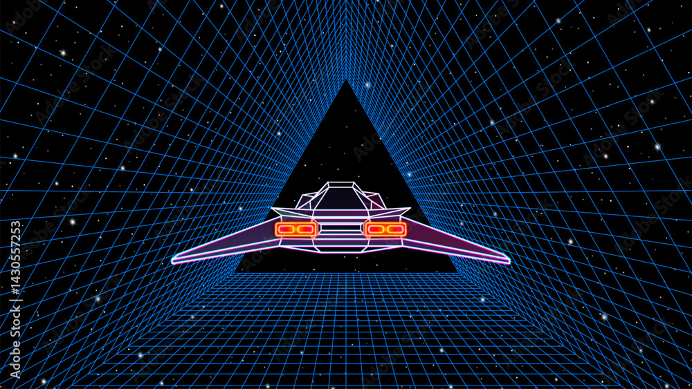 Poster arcade space ship flying through the triangular gate, 80s style synthwave or retrowave illustration