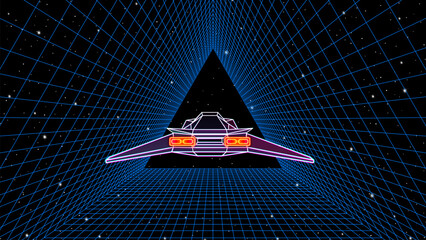 Arcade space ship flying through the triangular gate, 80s style synthwave or retrowave illustration © swillklitch