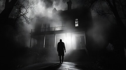 Mysterious Figure Approaches Fog-Shrouded Victorian Mansion: A Noir Masterpiece