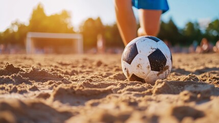 Playing beach soccer at sunset with a close-up of a dirty ball near the sandy field and blurred players in the background