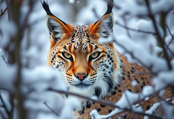 Obraz premium Camouflaged lynx, eyes peering from snow-laden branches, forest, eyes