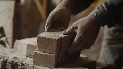 Hands Stacking Bricks in a Workshop