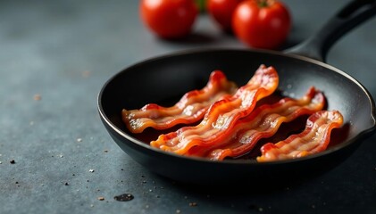 Close up of sizzling bacon in frying pan on grey background, cooking, skillet, crispy