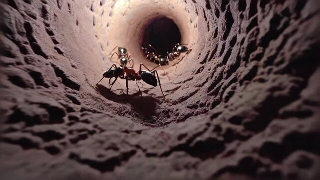 Close-up view of ants crawling inside narrow underground tunnel with textured soil walls