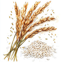 Watercolor illustration showcasing ripened rice stalks and a mound of rice grains
