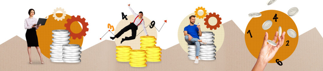 Creative collage showcasing business finance and teamwork with coins, charts, and technology for innovative solutions